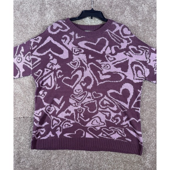 Just Polly Juniors' Crewneck Hearts Sweater Plum/Mauve Size XL - Picture 2 of 7